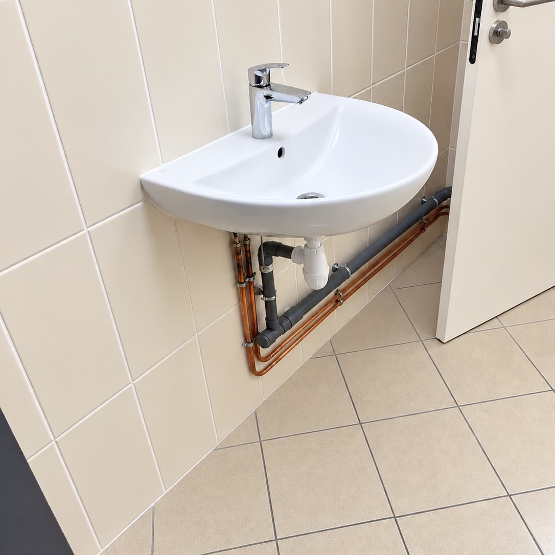 Lavabo neuf avec robinet, raccordements en cuivre et évacuation apparente
